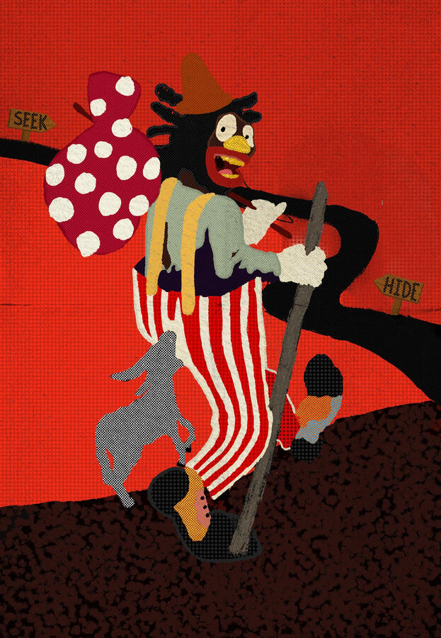 A figure in motion, caught between pursuit and concealment. He carries what he’s taken, what he’s been given, and what he can’t put down.