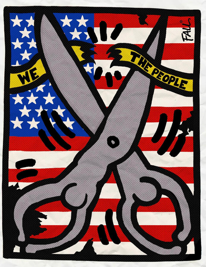 This piece examines fracture within representation. The scissors are not an external force but a composite body, the people themselves. “We the People” is severed by its own form, suggesting that division is not imposed but enacted. The instrument of democ